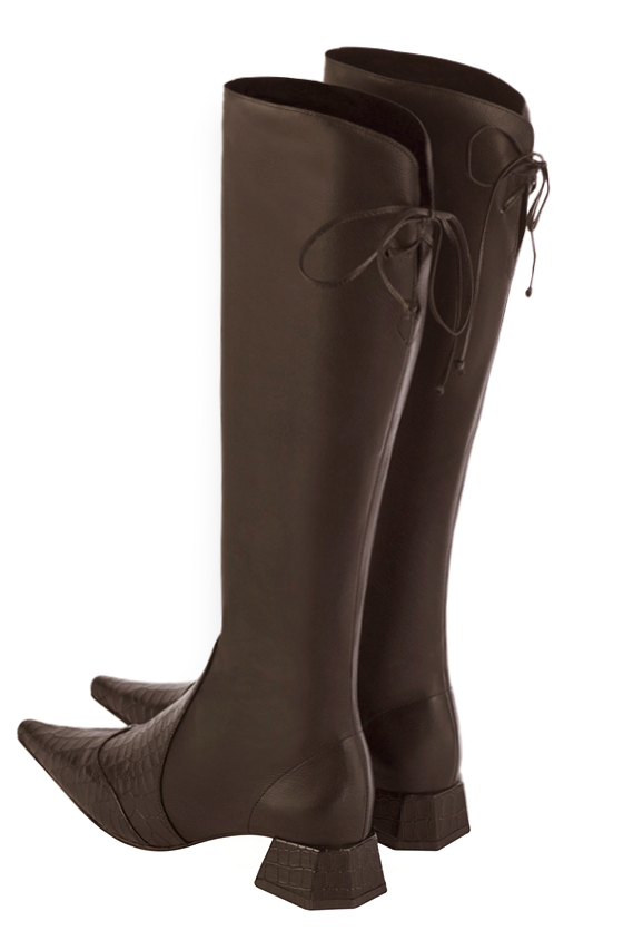 Dark brown women's knee-high boots, with laces at the back. Pointed toe. Low flare heels. Made to measure. Rear view - Florence KOOIJMAN